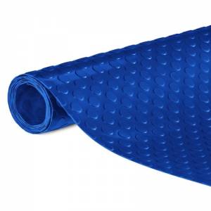 Prikaz isečenog dela rolne plave tehničke PVC podloge sa kružićima debljine 2,2mm